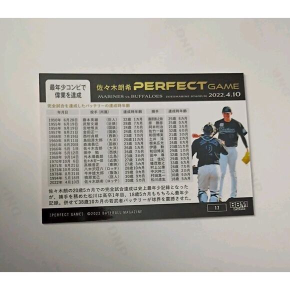 ROKI SASAKI 2022 BBM PERFECT GAME CARD #17 JAPAN DODGERS CHIBA LOTTE - Picture 4 of 5